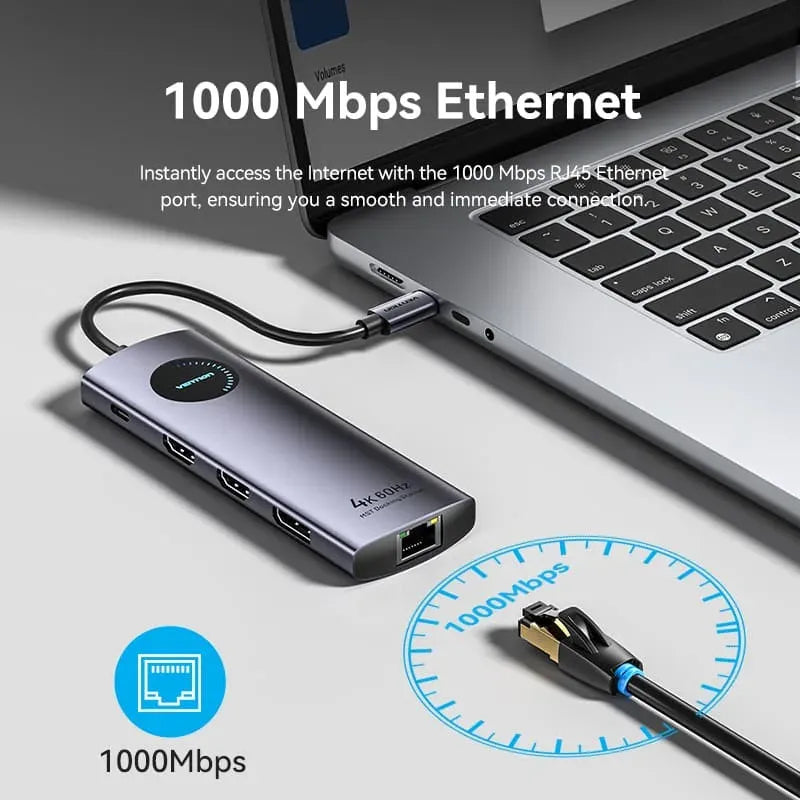 Vention USB-C MULTI-FUNCTIONAL 9 in 1 DOCKING STATION (VEN TQVHB)Type c to HDMI x 2 USB 3.0 x 2 USB 2.0 RJ45 SD TF PD(100W)