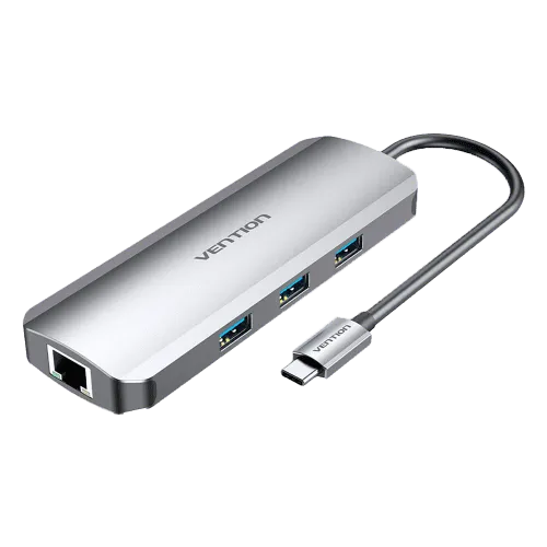 Vention USB-C 7-in-1 Docking Station (VEN TOJHB) – HDMI, USB 3.0 x3, SD/TF Card Reader, 100W PD, Gray Aluminum