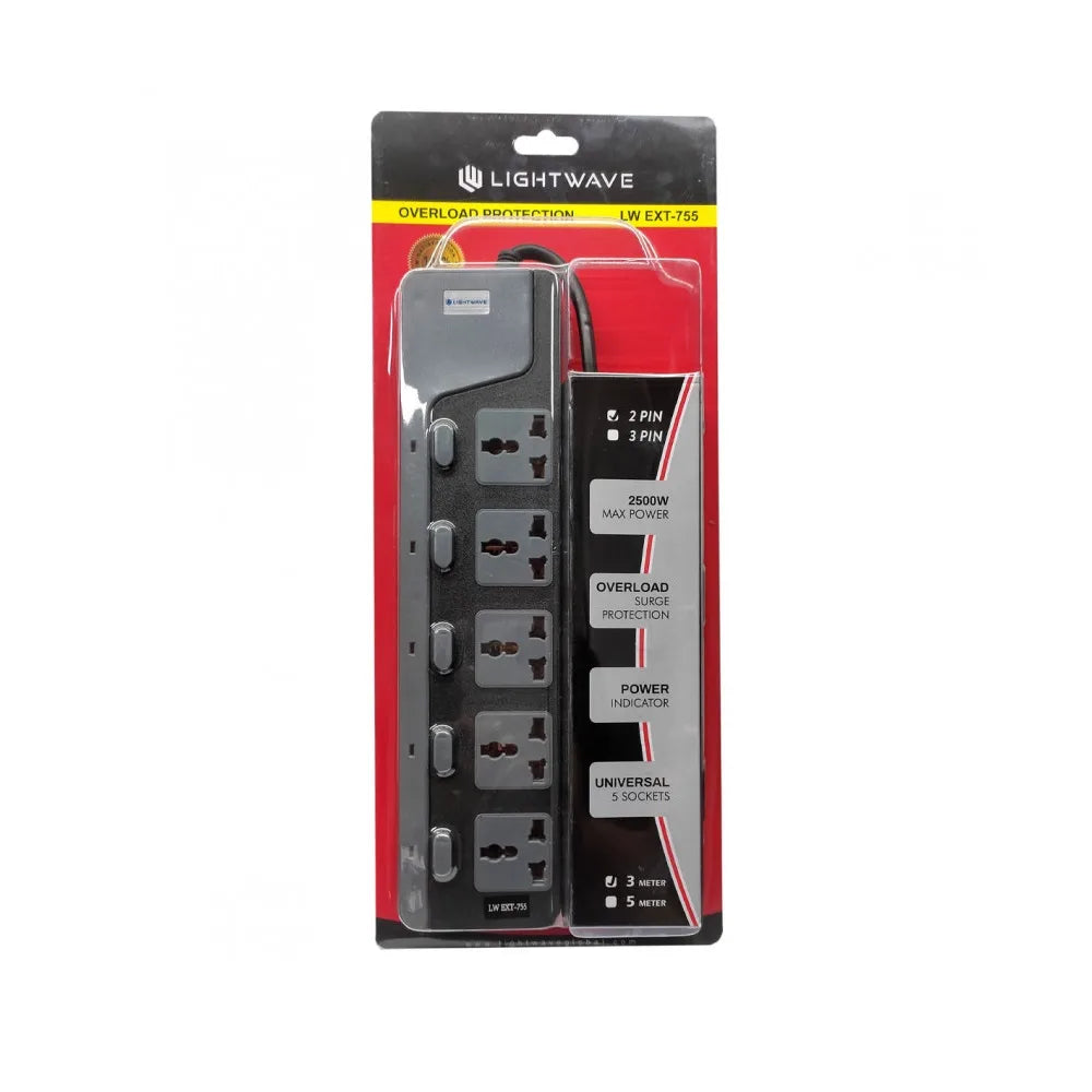 Lightwave EXT 755 Power Extension 5 Way Universal Socket Outlets – 3m