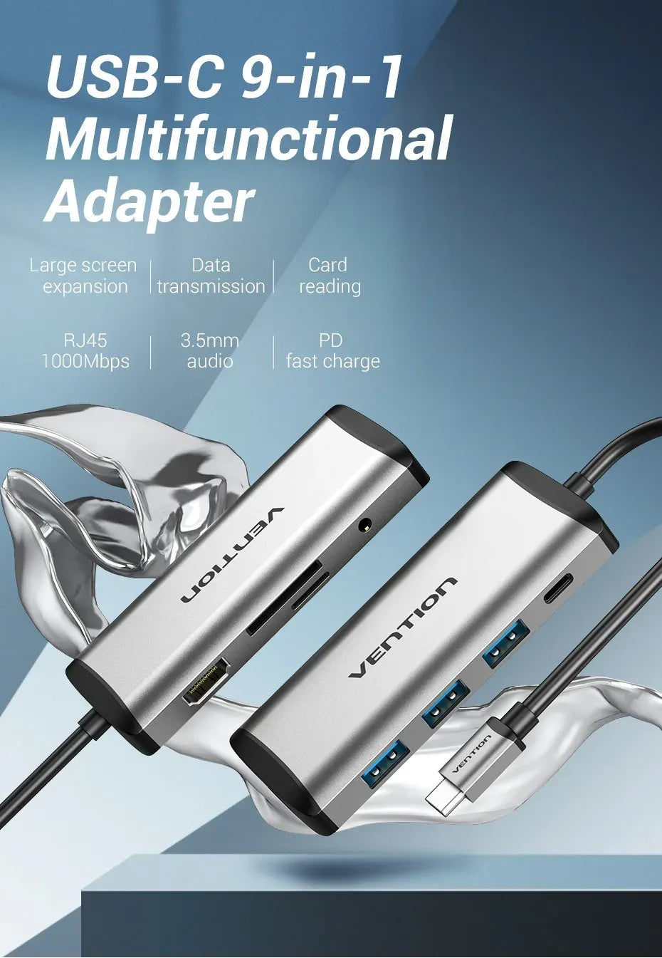 Vention USB-C MULTI-FUNCTIONAL 9 in 1 DOCKING STATION (VEN THAHB) Type to HDMI USB3.0*3 TF SD RJ45 3.5mm Audio PD (87W)