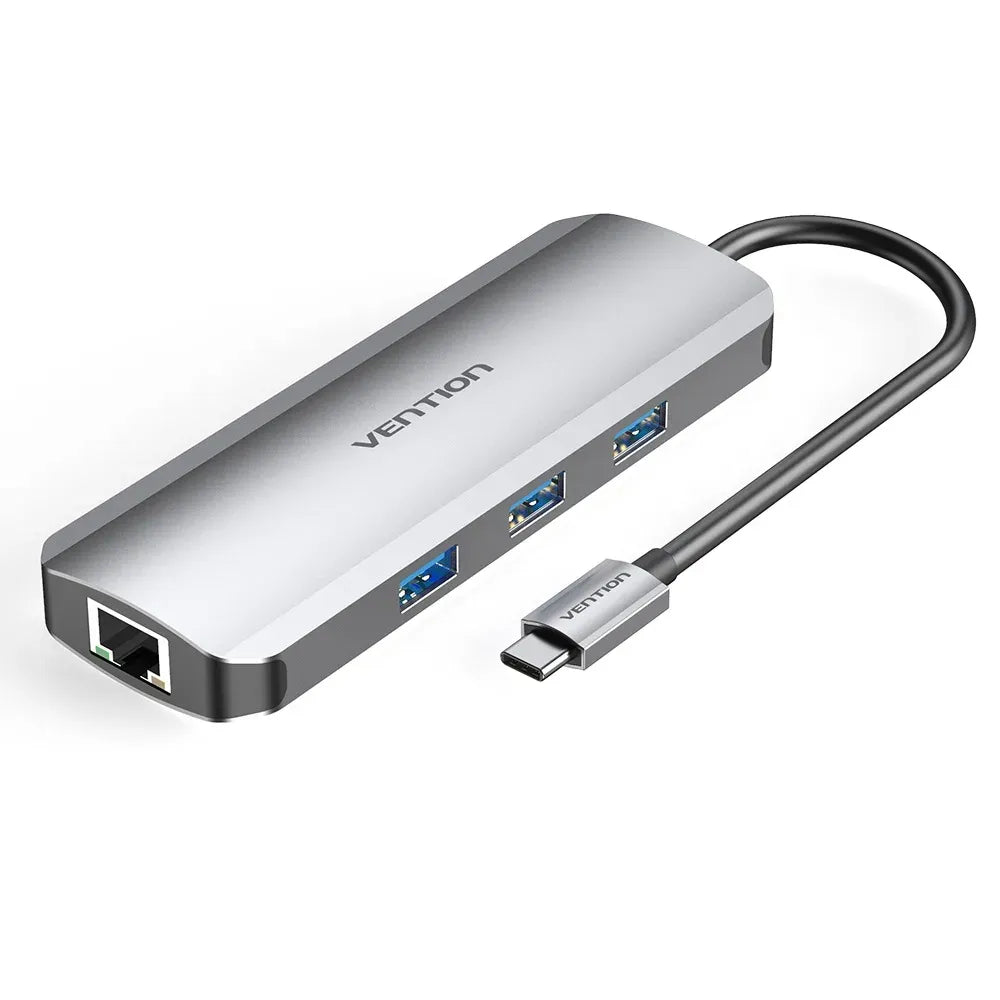 Vention USB-C 8-in-1 Docking Station (VEN TOKHB)– HDMI, USB 3.0, RJ45 Ethernet, SD/TF Card Reader, 100W PD, Gray Aluminum