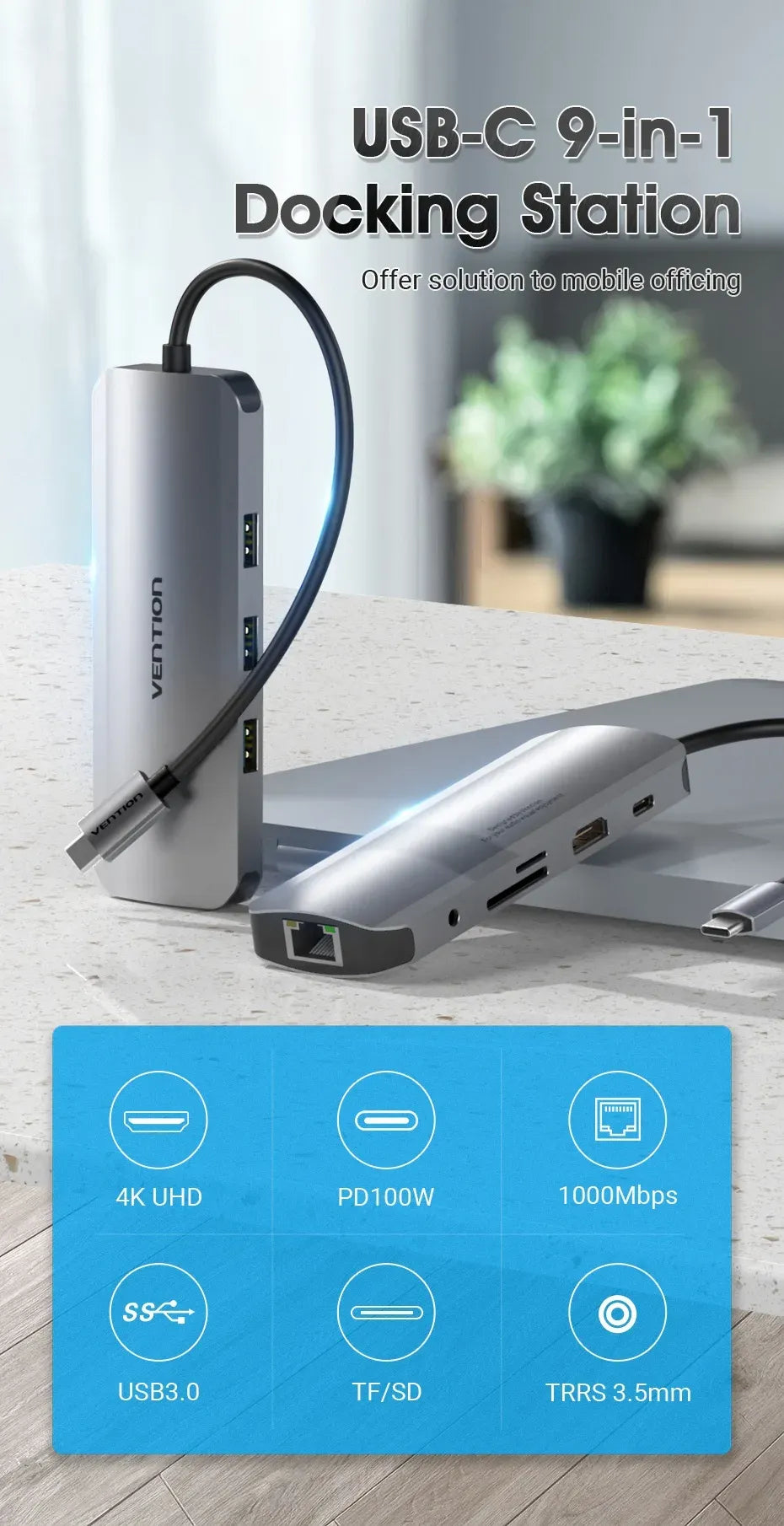 Vention USB-C MULTI-FUNCTIONAL 9 in 1 DOCKING STATION (VEN TOLHB) Type C to HDMI USB3.0x3 RJ45 SD TF TRRS 3.5mm PD (100W) 0.15M Gray Aluminum Alloy Type