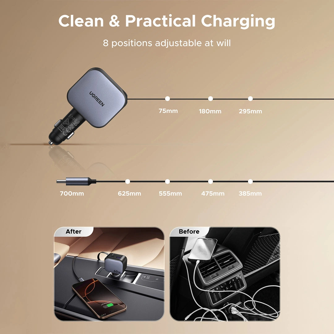 UGREEN 60W Retractable Cable With Type-C+USB Car Charger EC602 55212B