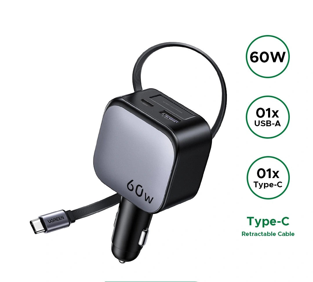 UGREEN 60W Retractable Cable With Type-C+USB Car Charger EC602 55212B