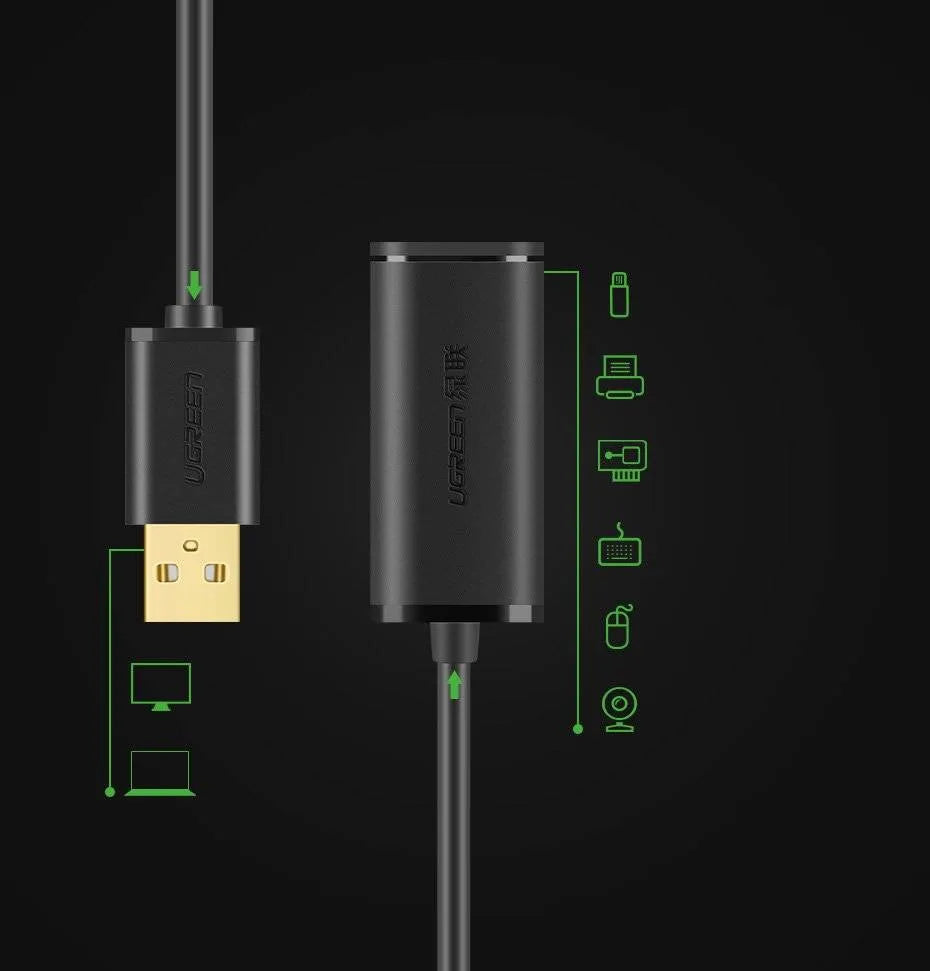 UGREEN Active Cable USB 2.0 Extension Cable 480 Mbps 10 Metres Black (US121 10321)