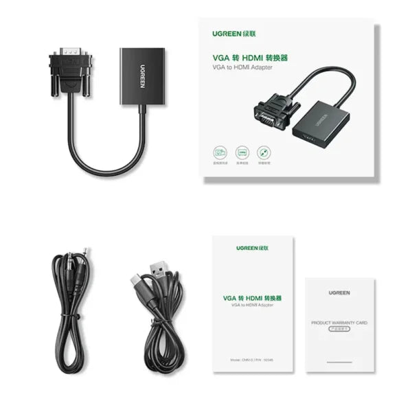 UGREEN VGA Male to HDMI Female Converter 1080P 60Hz Video Audio Sync USB-C Power 3.5mm Audio Cable CM513 50945