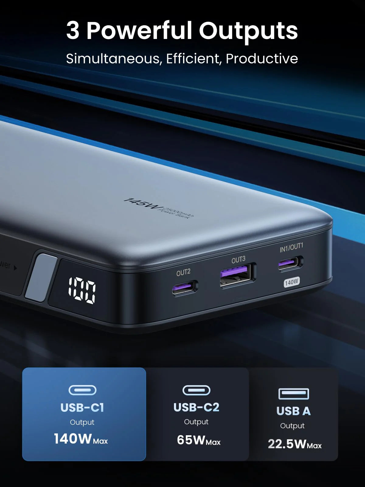 UGREEN PB205 90597 145W 25000mAh for Laptop-3 Ports Power Bank