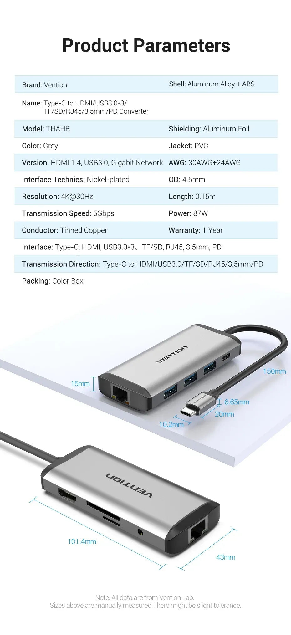 Vention USB-C MULTI-FUNCTIONAL 9 in 1 DOCKING STATION (VEN THAHB) Type to HDMI USB3.0*3 TF SD RJ45 3.5mm Audio PD (87W)