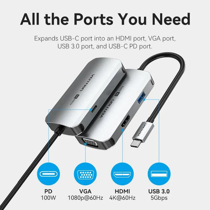 Vention USB-C 4-in-1 Docking Station – HDMI, VGA, USB 3.0, 100W PD Charging