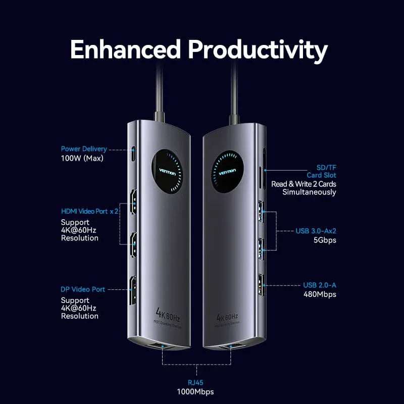 Vention USB-C MULTI-FUNCTIONAL 9 in 1 DOCKING STATION (VEN TQVHB)Type c to HDMI x 2 USB 3.0 x 2 USB 2.0 RJ45 SD TF PD(100W)