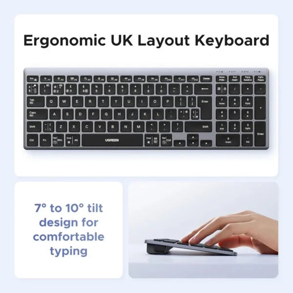 UGREEN Wireless Bluetooth Keyboard Rechargeable Ergonomic Keyboard BT5.4 & 2.4GHz Dual Modes, Connect 3 Devices
