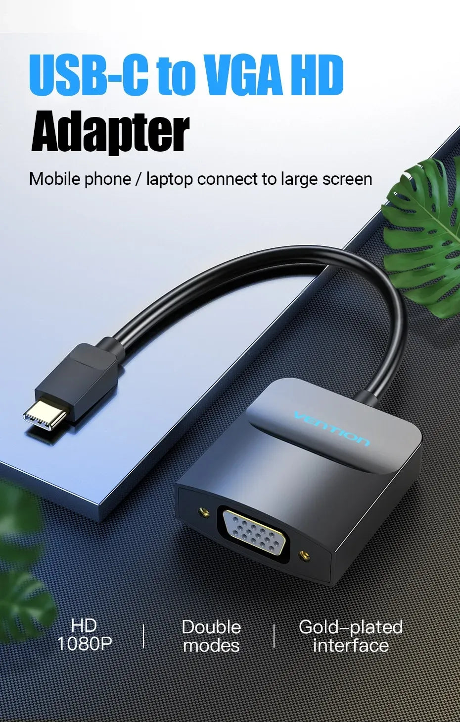 Vention USB-C to VGA Adapter (VEN TDDBB) – 0.15M Cable, Black ABS Housing