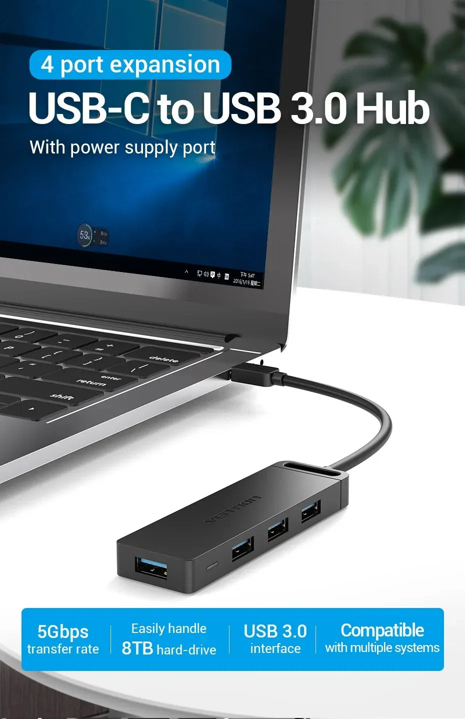 Vention USB-C to 4-Port USB 3.0 Hub with Power Supply – 0.5M Cable, Black ABS (VEN TGKBD)