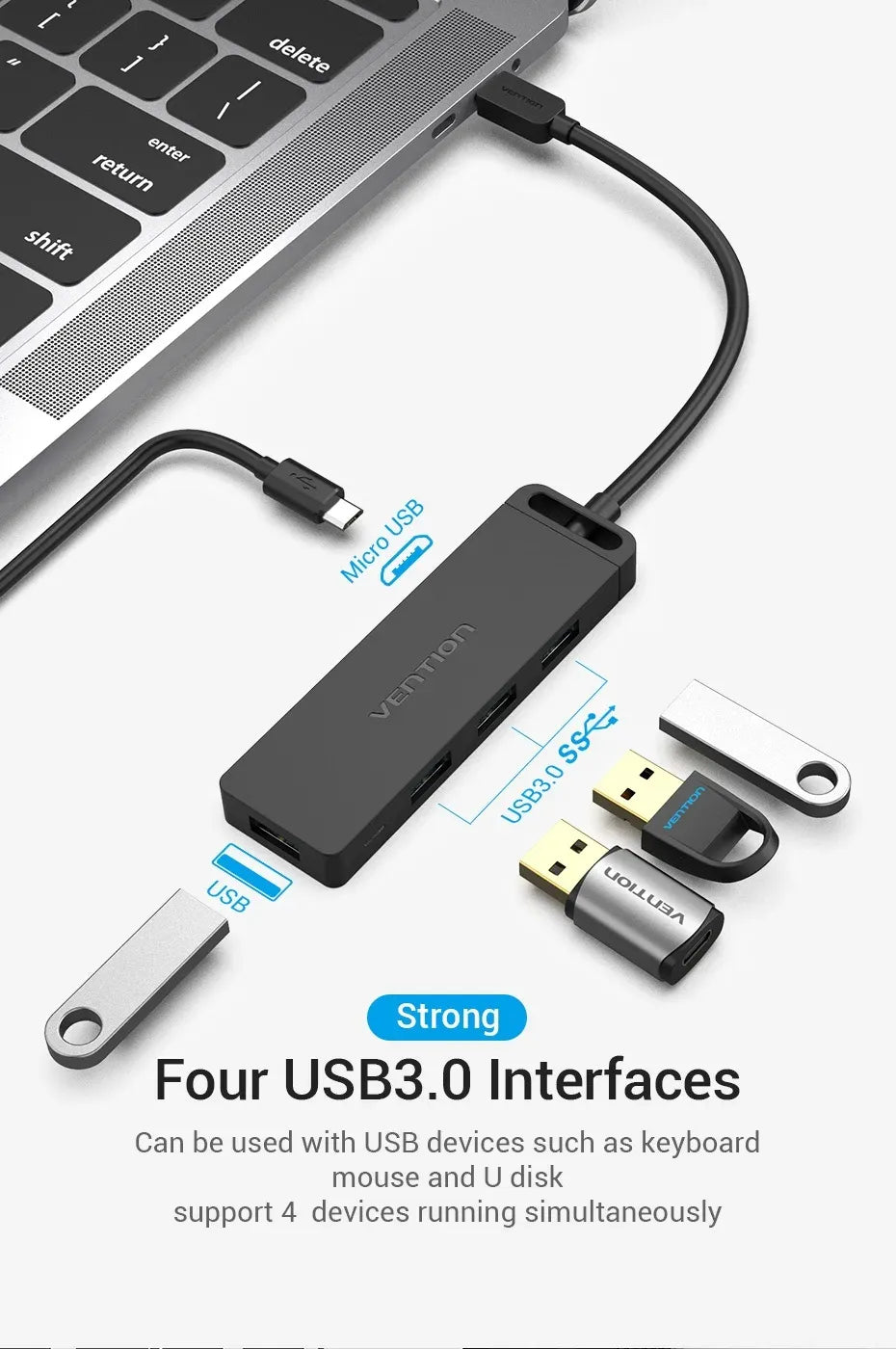 Vention USB-C to 4-Port USB 3.0 Hub with Power Supply – 0.5M Cable, Black ABS (VEN TGKBD)