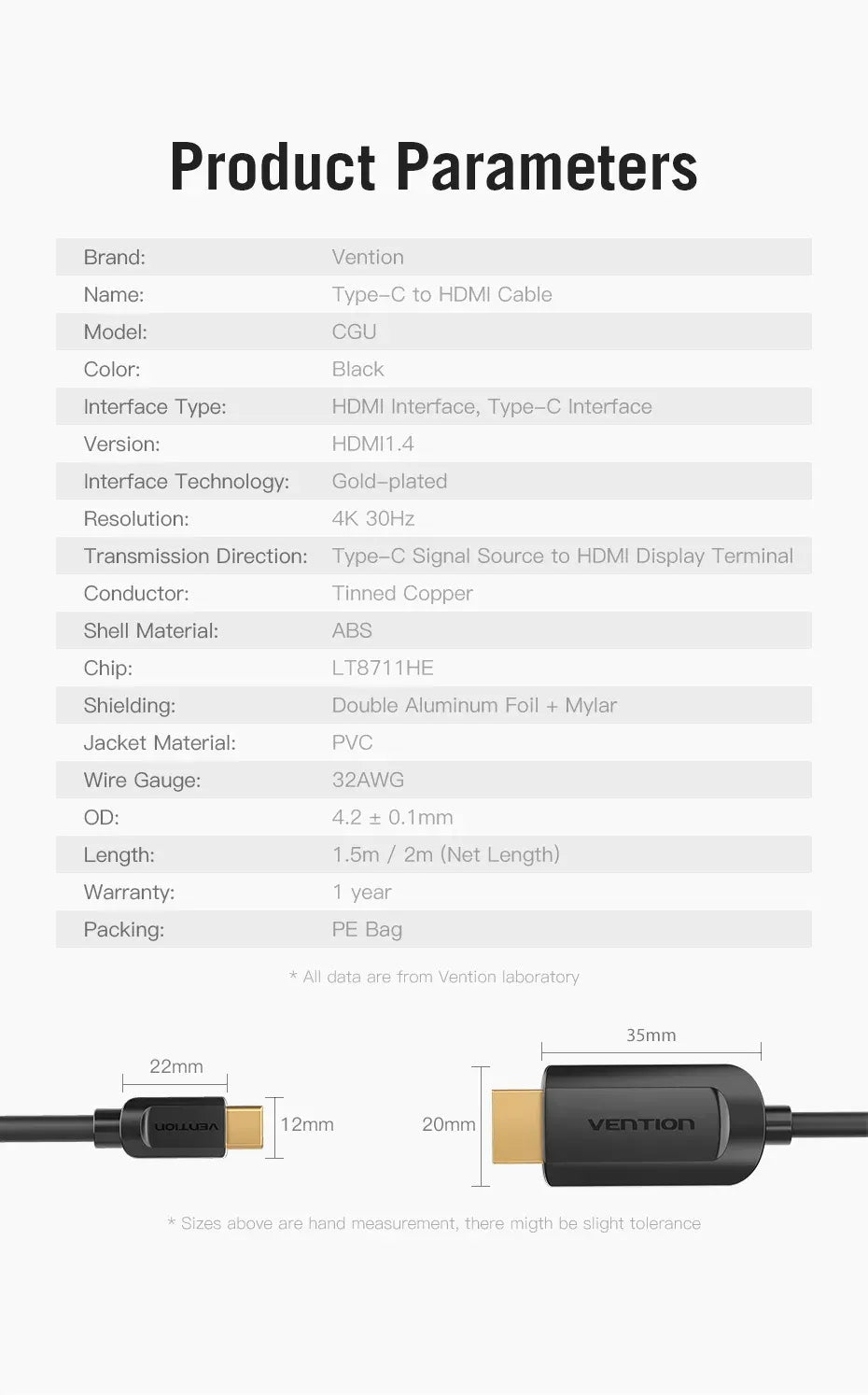 Vention USB-C to HDMI Cable – 2M, Black (VEN CGUBH)