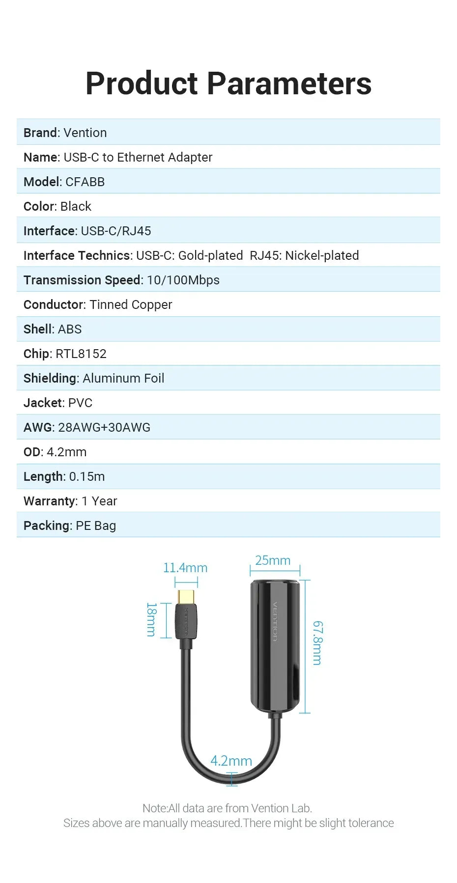Vention USB-C to 100M Ethernet Adapter 0.15M Black (VEN CFABB)