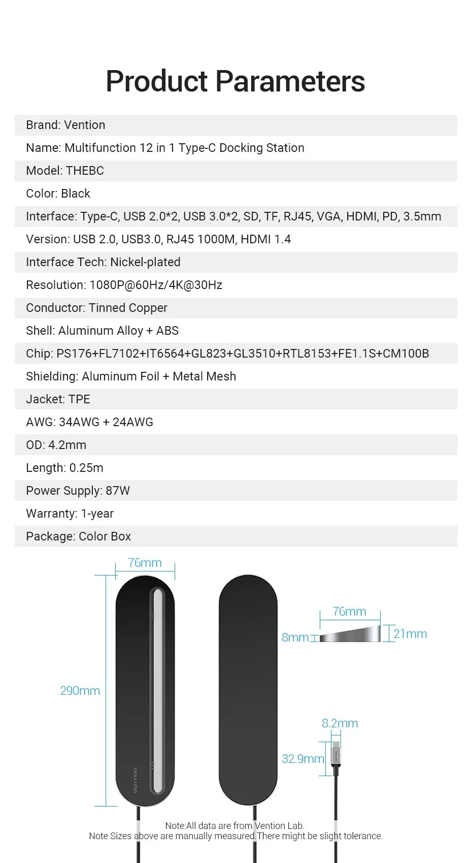 Vention USB-C MULTI-FUNCTIONAL 12 in 1 DOCKING STATION (VEN THEBC) Type-C to HDMI/VGA,USB-C/ USB2.0*2/ USB3.0*2/SD/TF/ RJ45/ VGA/ HDMI/ PD/ 3.5mm