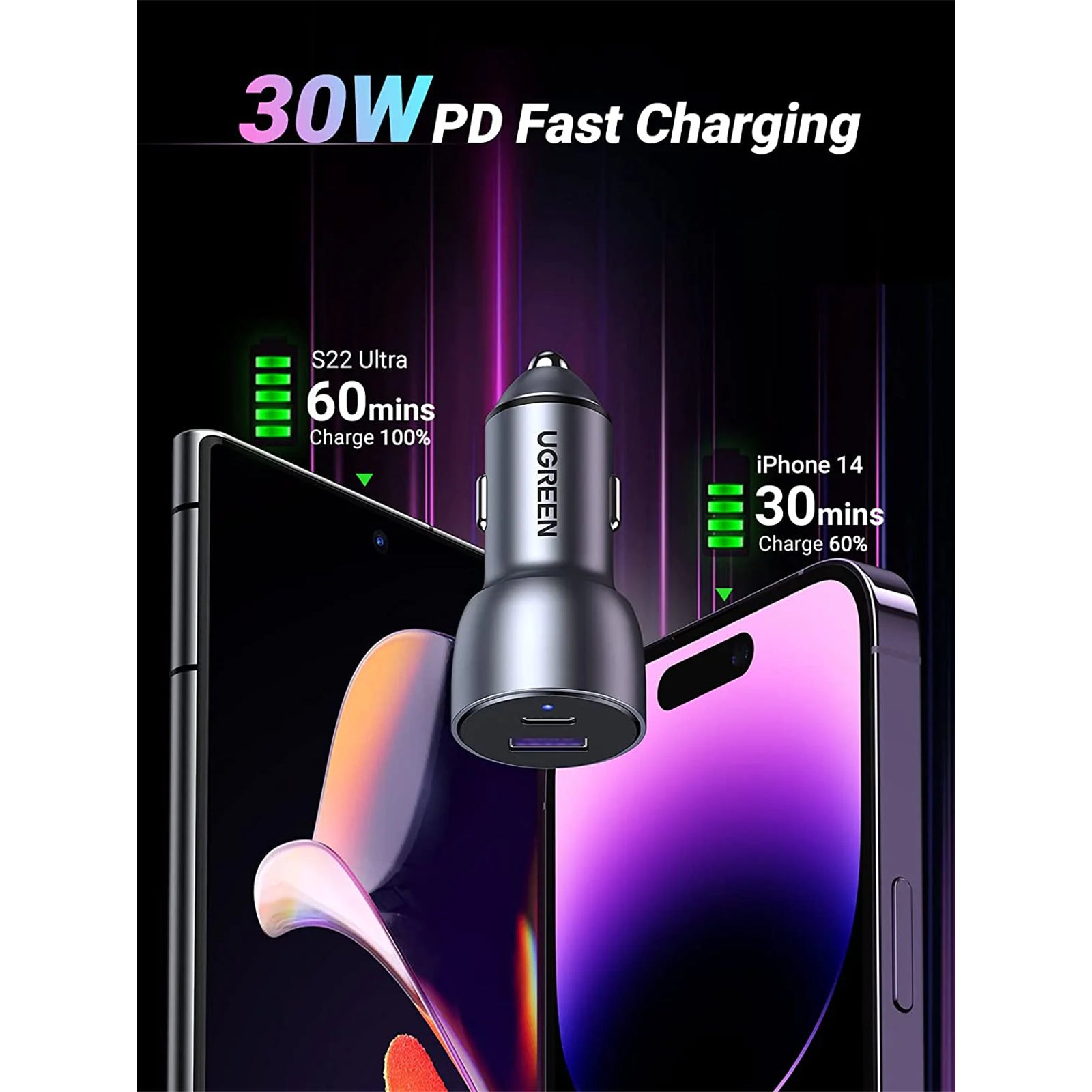 UGREEN CD213 60980 52.5W USB / USB-C Car Charger - Space Grey