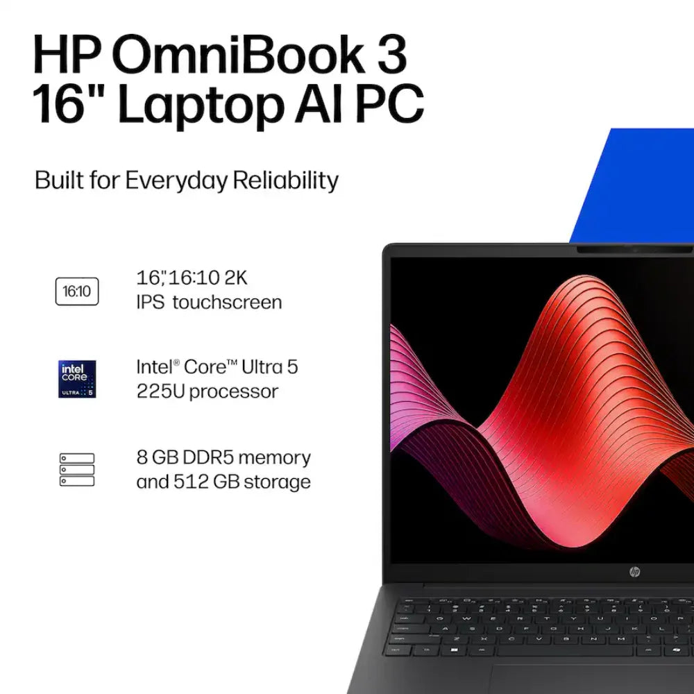 HP OmniBook 3 Laptop 16-bu0305dx Intel Core Ultra 5 225U 8GB RAM 512GB SSD 16-Inch WUXGA IPS Touchscreen Windows 11 Home