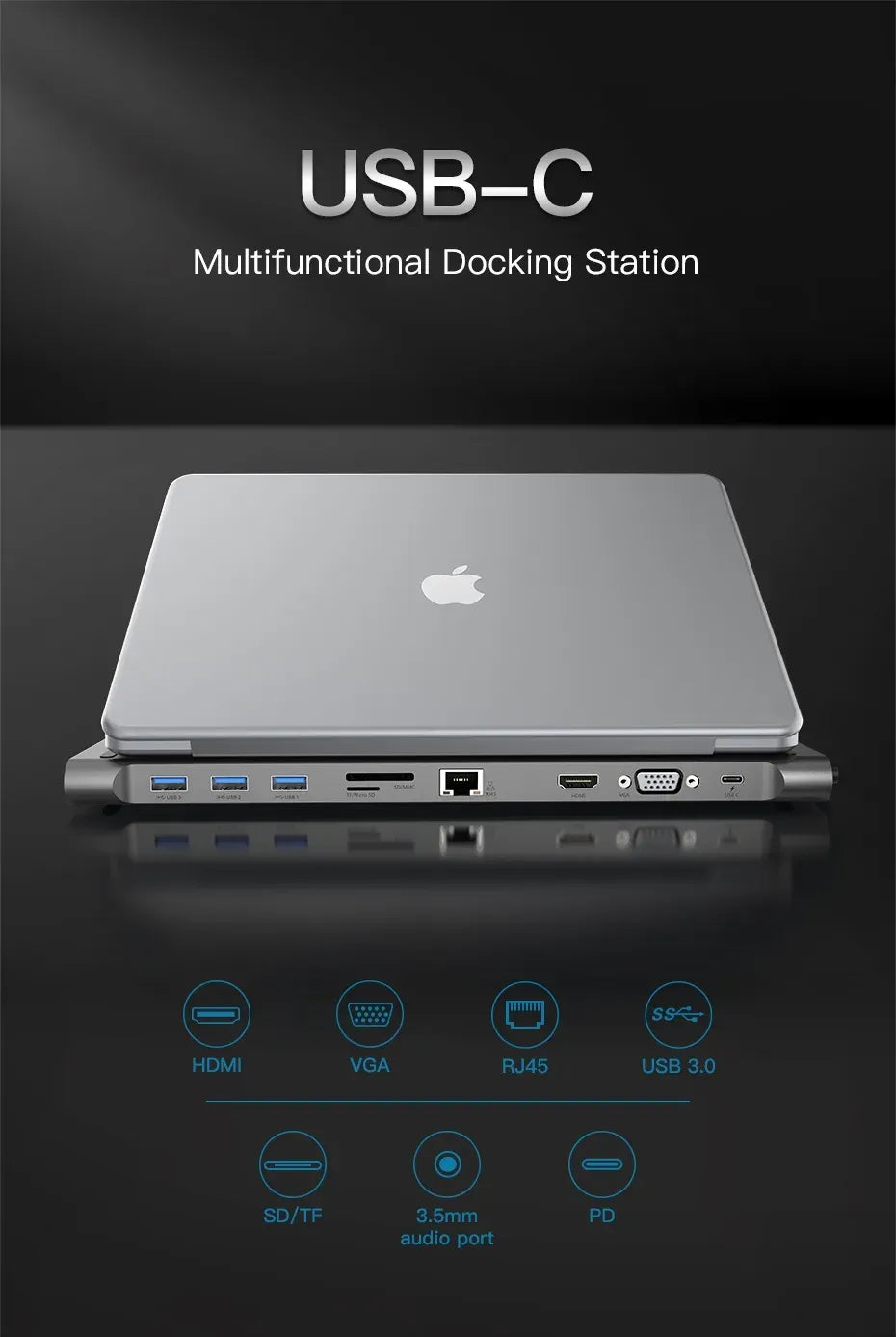 Vention USB-C MULTI-FUNCTIONAL 12 in 1 DOCKING STATION - Type-C to DP/HDMI/VGA/USB-C Gen 1/USB 3.0x2/USB 2.0/RJ45/SD/TF/TRRS 3.5mm/PD