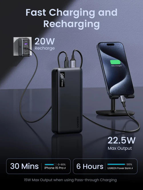 UGREEN PB312 20000mAh 22.5W Two-Way Fast Charging Power Bank UG-25683 – Portable USB-C PD Battery Pack