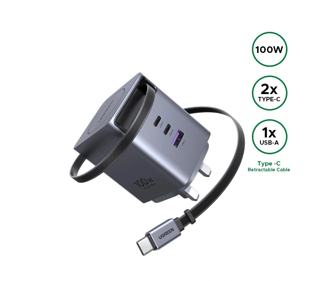UGREEN 100W Nexode Pro GaN (USB-A*1 + Type-C*2) Fast Charger with Retractable Cable X616 65829