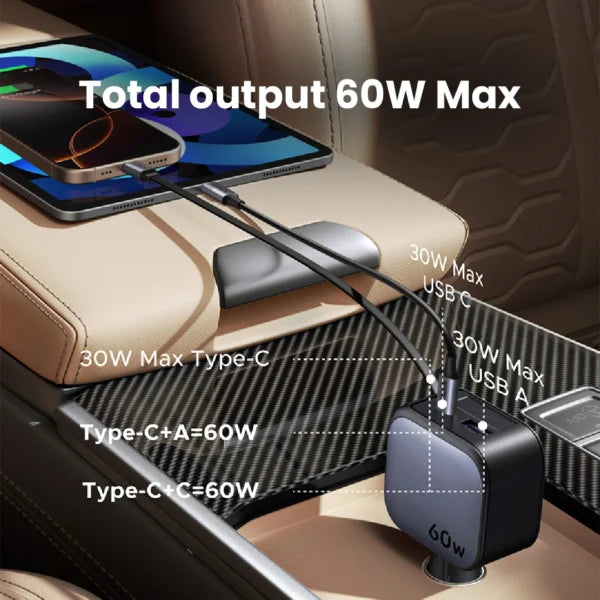 UGREEN 60W Retractable Cable With Type-C+USB Car Charger EC602 55212B