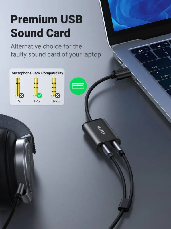 UGREEN USB 2.0 External Stereo Sound Card Adapter 3.5mm Headphone Microphone Jack Windows Mac Linux PC Laptop PS4 US205 30724