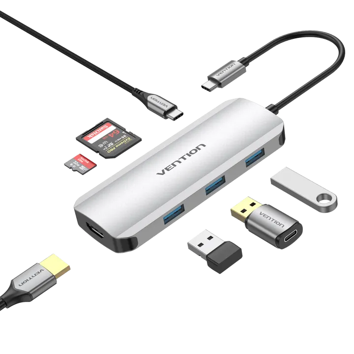 Vention USB-C 7-in-1 Docking Station (VEN TOJHB) – HDMI, USB 3.0 x3, SD/TF Card Reader, 100W PD, Gray Aluminum