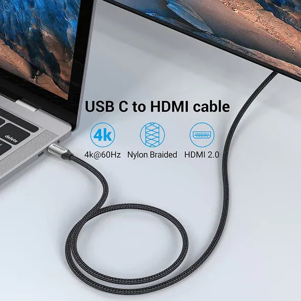 Vention USB-C to HDMI Cable (VEN CRBBH)– 2M, Cotton Braided, Black Aluminum Alloy