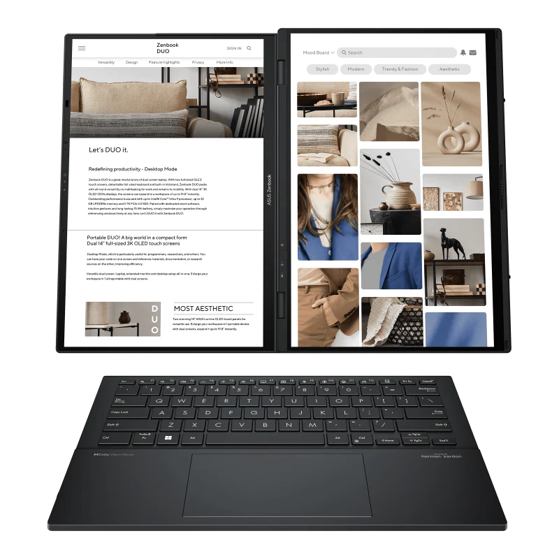 ASUS Zenbook Duo (2025) Ultra 9 Intel® Core™ Ultra 9 285H Processor Intel® AI Boost NPU Intel® Arc™ Graphics Dual 14” 3K OLED Touch Displays 32GB RAM 2TB SSD Windows 11 Home UX8406CA-PZ005W